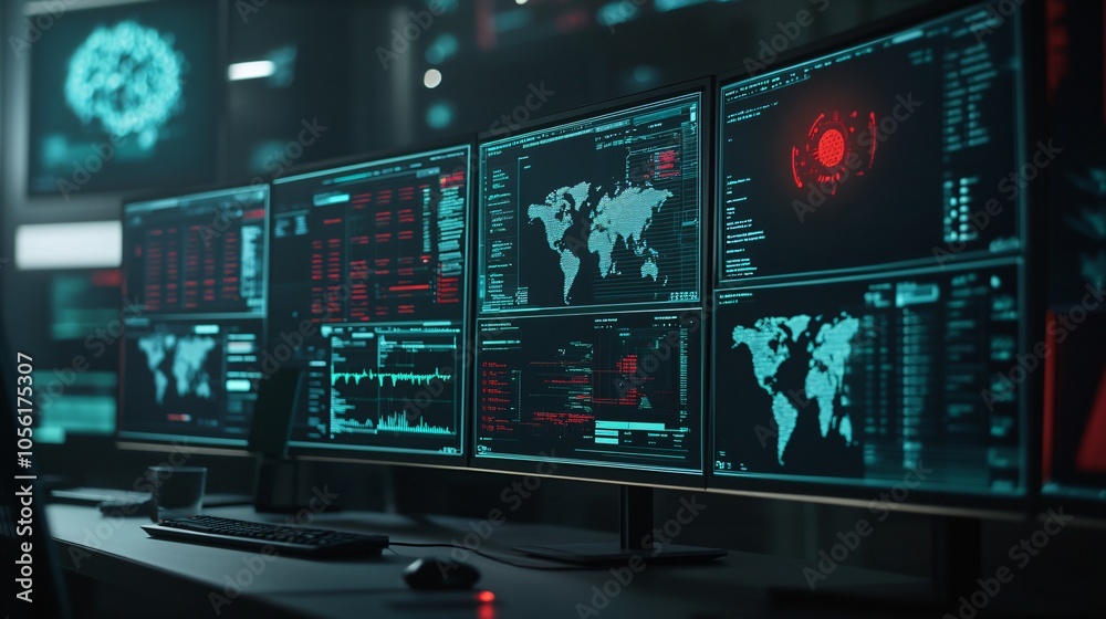 Dark Room Filled with Computer Monitors Displaying Cybersecurity Data and World Maps. Dark Room Filled with Computer Monitors Displaying Cybersecurity Data and World Maps.