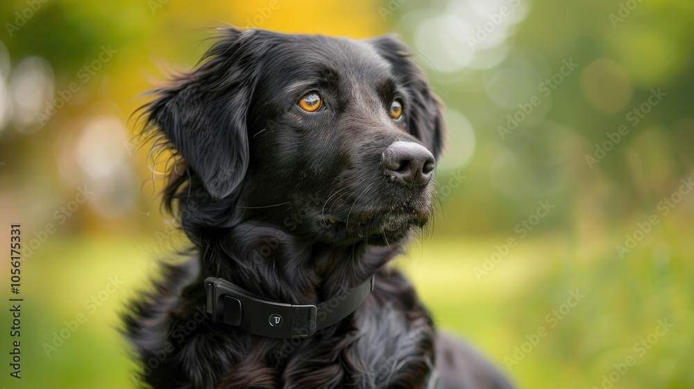 Majestic black dog in nature with smart collar reflecting autumn colors Majestic black dog in nature with smart collar reflecting autumn colors