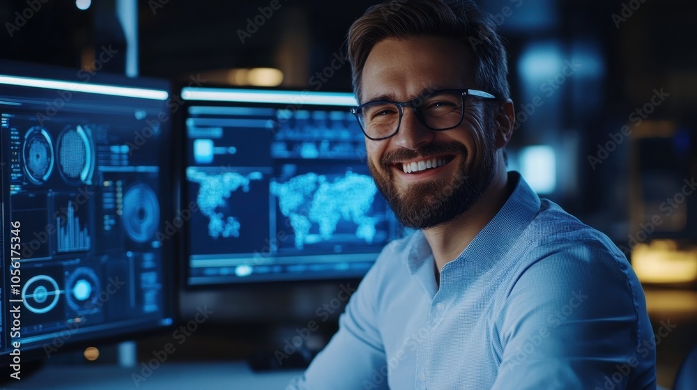 A man is happily smiling while sitting in front of a computer monitor A man is happily smiling while sitting in front of a computer monitor