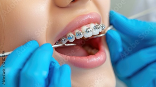 Dental examination with braces: close-up of orthodontic care for a healthy smile