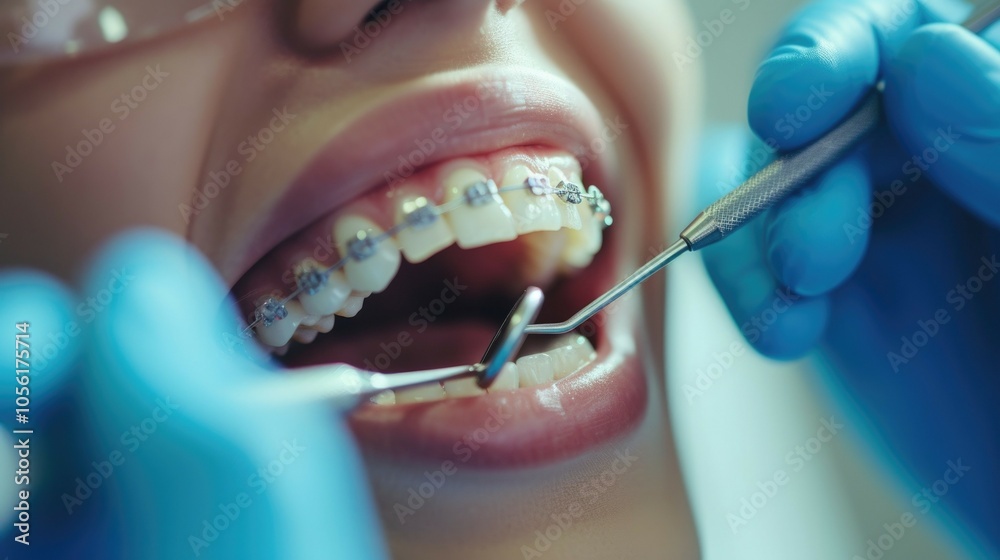 Close-up of orthodontic braces check-up with dental tools and open mouth Close-up of orthodontic braces check-up with dental tools and open mouth