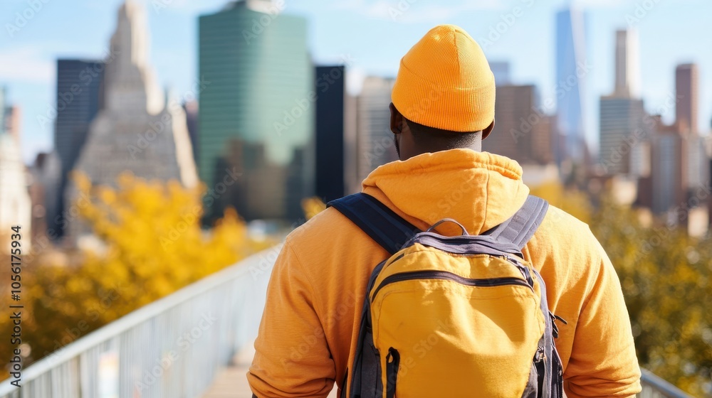 A lone traveler in an orange hoodie and backpack stands on a bridge, gazing at modern skyscrapers and cityscape, signifying adventure and exploration.