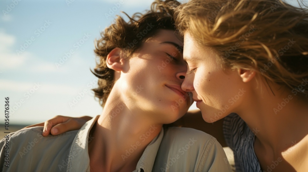 Romantic summer moment: couple embracing at sunset on beach Romantic summer moment: couple embracing at sunset on beach