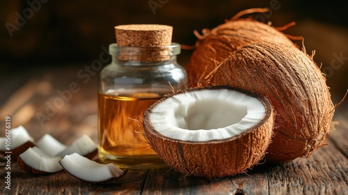 Coconut halves and oil bottle on rustic wooden table, healthy organic coconut oil concept, tropical nut, fresh ingredients, natural skincare, health benefits, close-up food photography, wellness photo