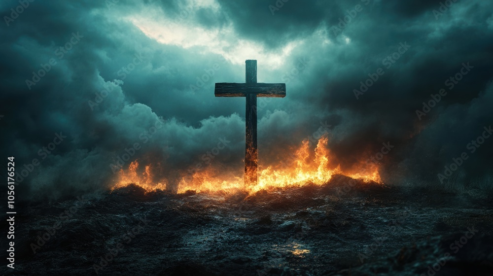 Dramatic cross standing tall amid fiery flames and stormy clouds, religious symbolism, apocalyptic scene, burning faith, dark skies, powerful imagery, faith under fire, dramatic landscape Dramatic cross standing tall amid fiery flames and stormy clouds, religious symbolism, apocalyptic scene, burning faith, dark skies, powerful imagery, faith under fire, dramatic landscape