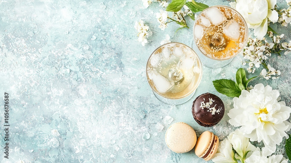  2 ice-filled glasses & 2 frosted macaroons sprinkled with sprinkles