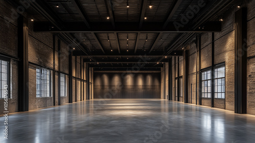 A spacious industrial-style interior with exposed brick walls, high ceilings, metal beams, and large metal-framed windows. Polished concrete floors reflect warm, subtle lighting. 