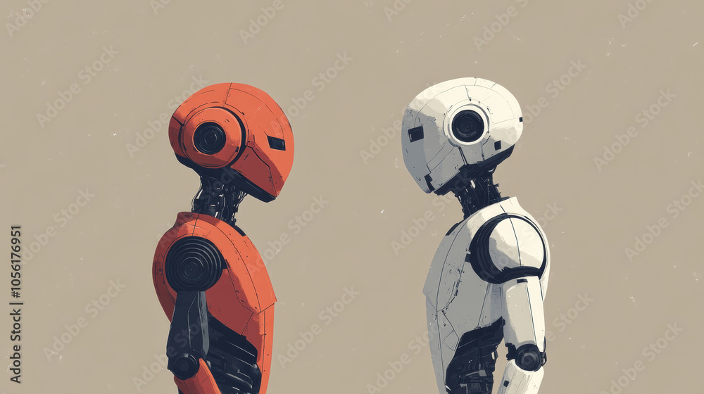 Two futuristic robots facing each other, AI technology, robotic interaction, artificial intelligence, humanoid robots, advanced robotics, futuristic design, tech innovation, robot confrontation Two futuristic robots facing each other, AI technology, robotic interaction, artificial intelligence, humanoid robots, advanced robotics, futuristic design, tech innovation, robot confrontation