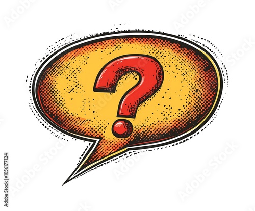 Retro-styled comic speech bubble with a bold question mark.
