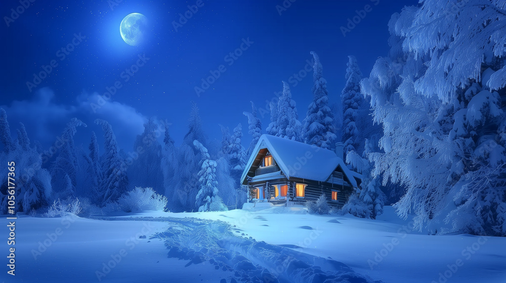 A forest cabin under the moon on a winter's night. AI Generated A forest cabin under the moon on a winter's night. AI Generated