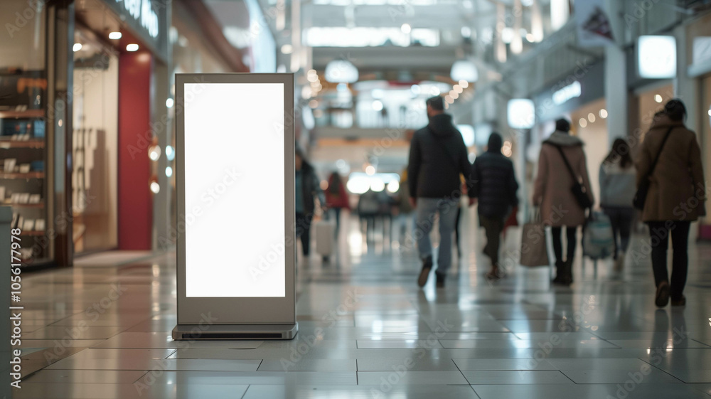 mockup poster stand near a central atrium in a shopping mall, surrounded by natural light and modern decor
