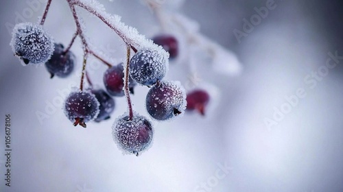  Berries hanging on a snow-covered tree branch, surrounded by snowflakes