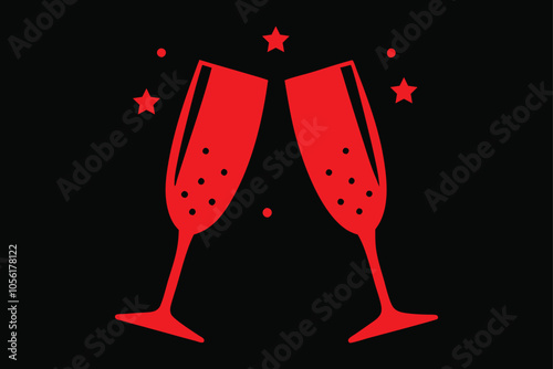 "Elegant, minimalist icon of two champagne glasses clinking together with bubbles and sparkles around, representing celebration."on white background