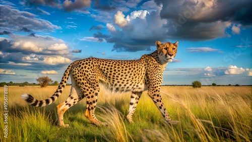 Cheetah slowly approaching in golden grass and looking for hunting.