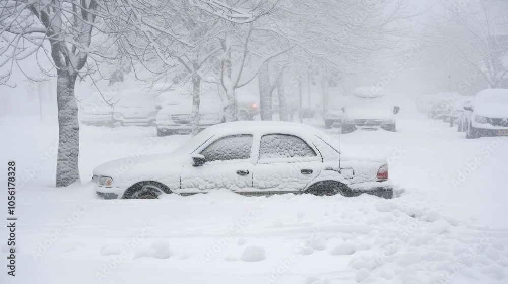 Snow-covered car on a silent winter street during heavy snowfall Snow-covered car on a silent winter street during heavy snowfall