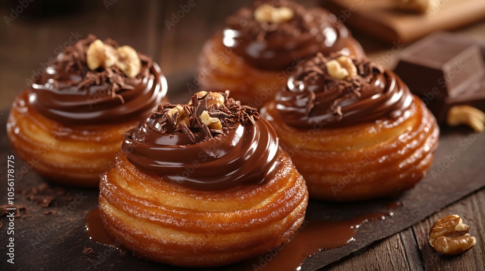Churro donuts topped with chocolate icing, isolated on a dark wood surface, with melted chocolate and nuts Churro donuts topped with chocolate icing, isolated on a dark wood surface, with melted chocolate and nuts