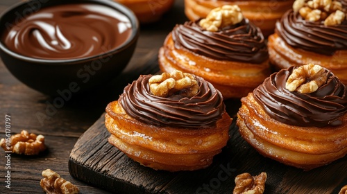 Churro donuts topped with chocolate icing, isolated on a dark wood surface, with melted chocolate and nuts