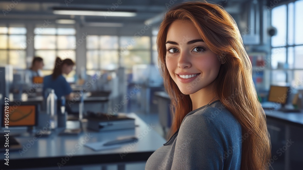 Fototapeta premium Photorealistic depiction of a beautiful woman in casual student clothing,