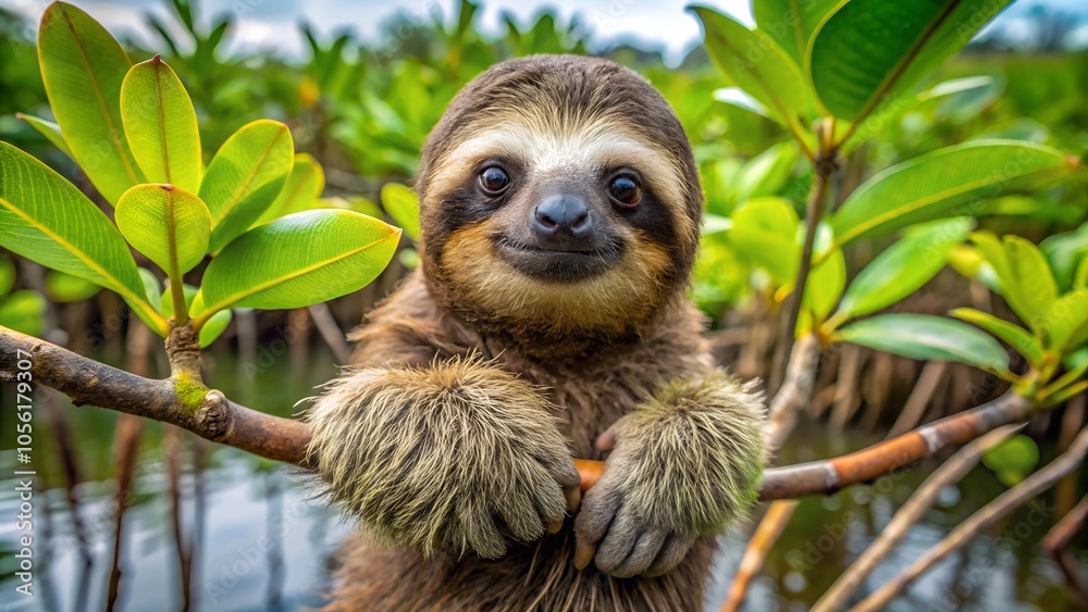 sloth animal on tree branch and looking at camera. Generative AI. sloth animal on tree branch and looking at camera. Generative AI.