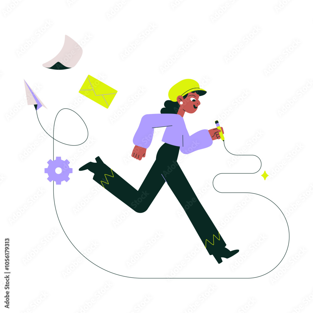 Obraz premium Female Worker Running In Digital Escape Theme With Document And Gear In Flat Vector Illustration Symbolizing Efficiency, Communication, And Work Process, Isolated On White Background