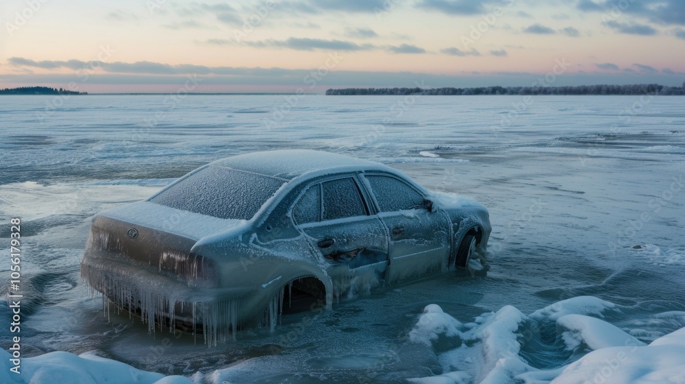 Abandoned car encased in ice on a frozen lake during winter sunset Abandoned car encased in ice on a frozen lake during winter sunset