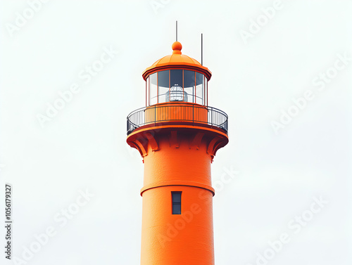 Close up of a bright orange lighthouse against a white sky.