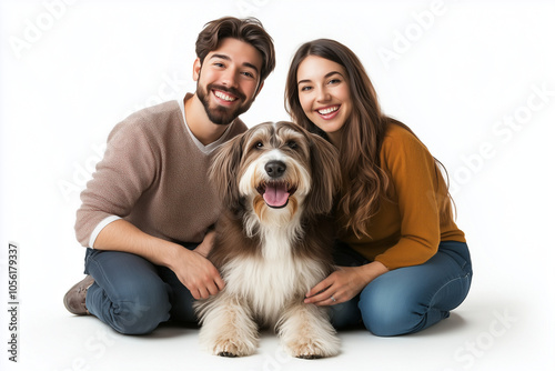 happy pet owners hugging their dog, portrait of a terrier with a coupl  proudly posing with their pet. Isolated on white, pet adoption, pet parents photo