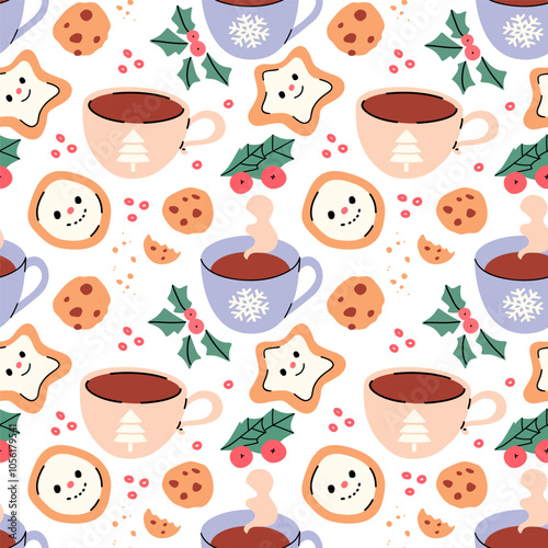 Christmas hot drink pattern, winter hot drink seamless background, cacao, coffee, gingerbreads print hand drawn vector illustration. Winter cozy cup with hot drink wallpaper