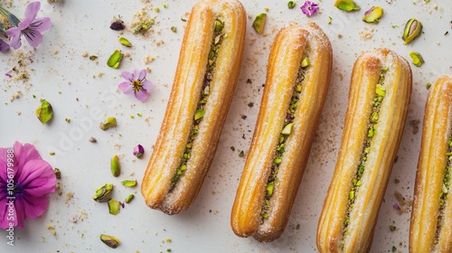 Churros with a pistachio cream filling, isolated on a cream background, with scattered pistachio pieces and edible flowers photo