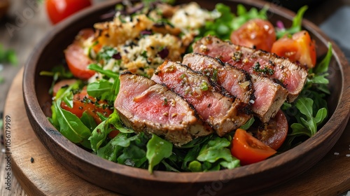 Grilled tuna on a fresh arugula salad with tomatoes in a wooden bowl.