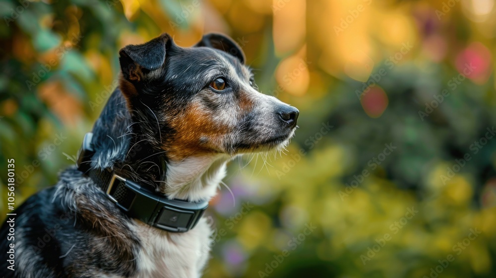 Alert dog in vibrant garden setting captured in golden hour light Dog tracker