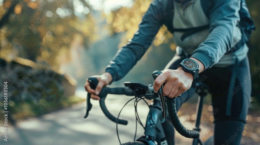Outdoor cycling adventure in autumn forest with focus on bike and rider's hands Outdoor cycling adventure in autumn forest with focus on bike and rider's hands