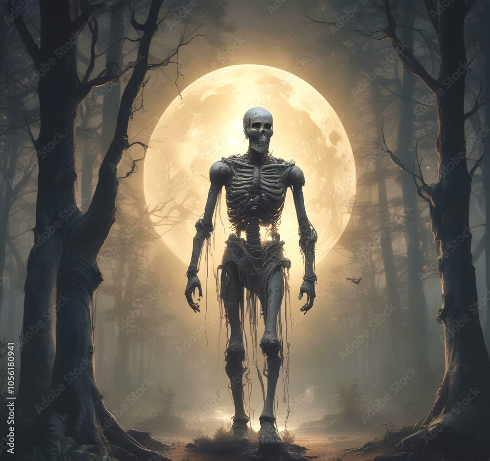 Fototapeta premium Illustration of mummy ghost walking in spooky forest with large moon behind.