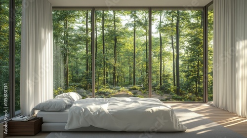 Stylish white bedroom, floor-to-ceiling windows revealing a picturesque