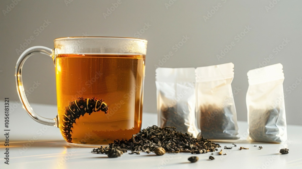 Fototapeta premium Herbal tea infusion with dried leaves and transparent glass mug