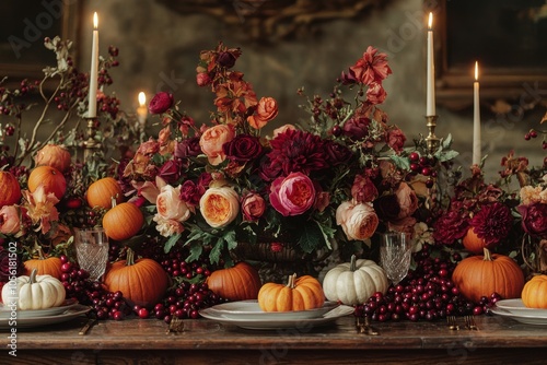 thanksgiving tablescape, thanksgiving essence captured in harvest-themed tablescape adorned with deep-hued flowers, miniature pumpkins, cranberry garlands, and candlelight photo