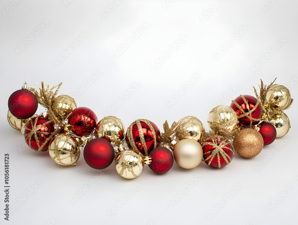 A festive garland of red and gold Christmas ornaments on a white background.