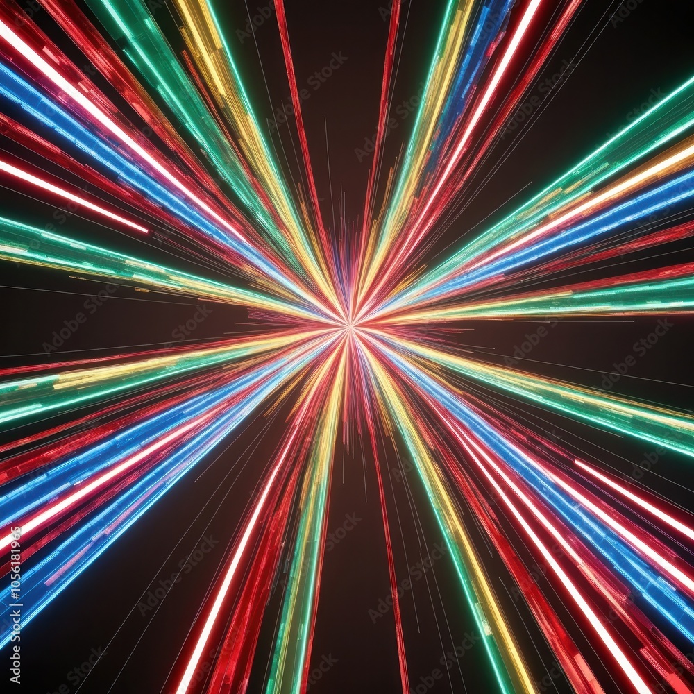 Neon light streaks radiating from the center on a dark background Neon light streaks radiating from the center on a dark background