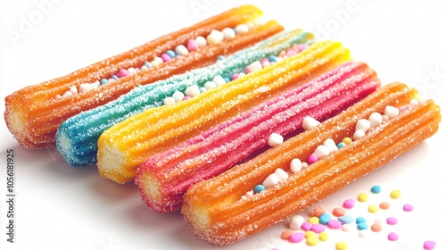 Rainbow-colored churros, isolated on a white background, with colorful sprinkles and mini marshmallows photo