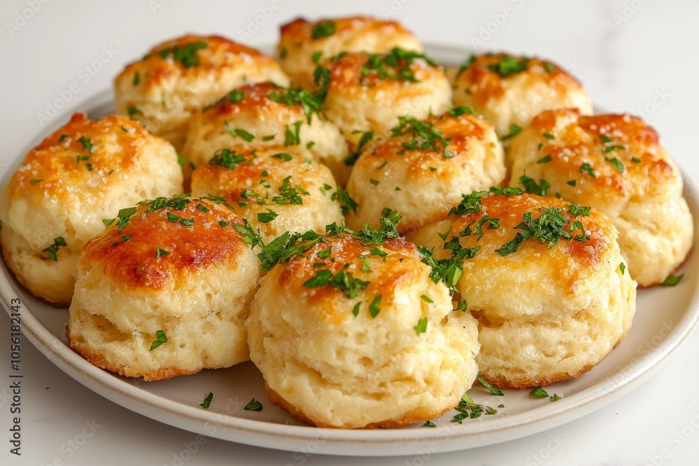 Golden, cheesy biscuits topped with herbs on a plate. Golden, cheesy biscuits topped with herbs on a plate.