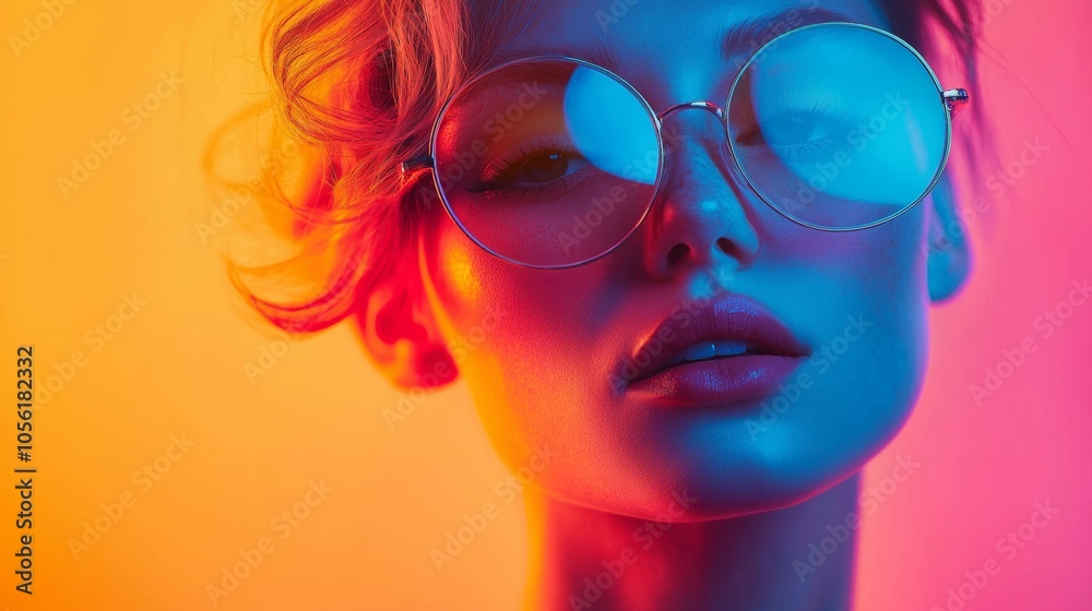Close-up of a woman with artistic neon lighting and glasses Close-up of a woman with artistic neon lighting and glasses