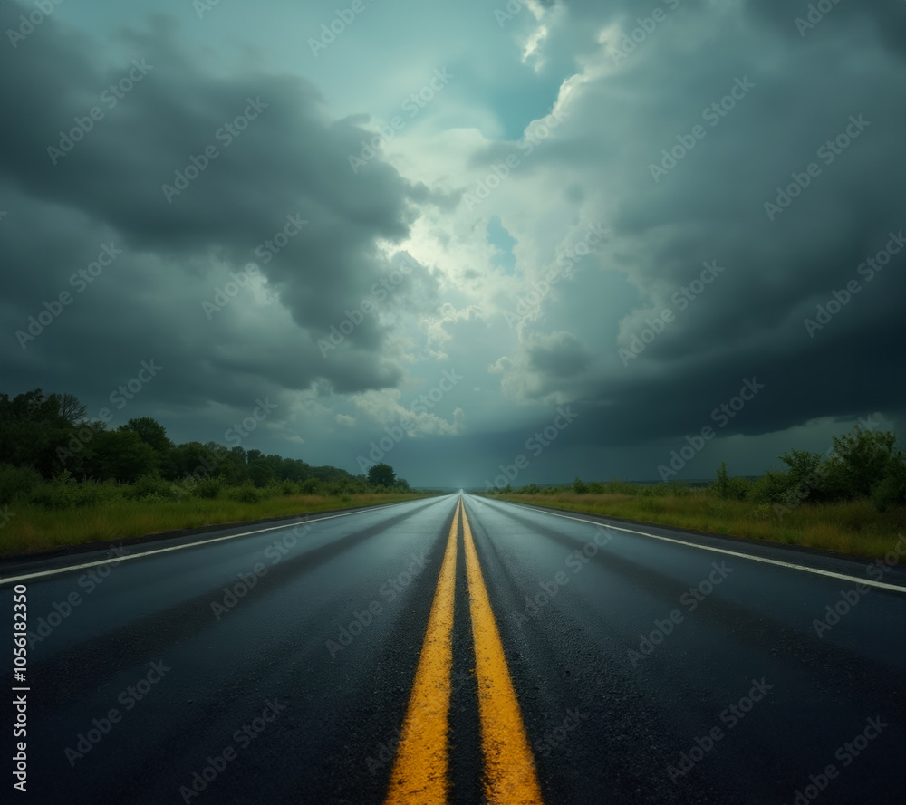 Naklejka premium Empty rural highway stretches to horizon under dramatic storm clouds. Yellow double lines lead perspective through wet asphalt. Moody teal-tinted sky creates ominous atmosphere. 