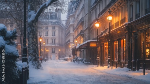 The streets of Paris blanketed in fresh snow, with a soft glow from street lamps