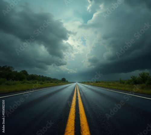 Empty rural highway stretches to horizon under dramatic storm clouds. Yellow double lines lead perspective through wet asphalt. Moody teal-tinted sky creates ominous atmosphere. 