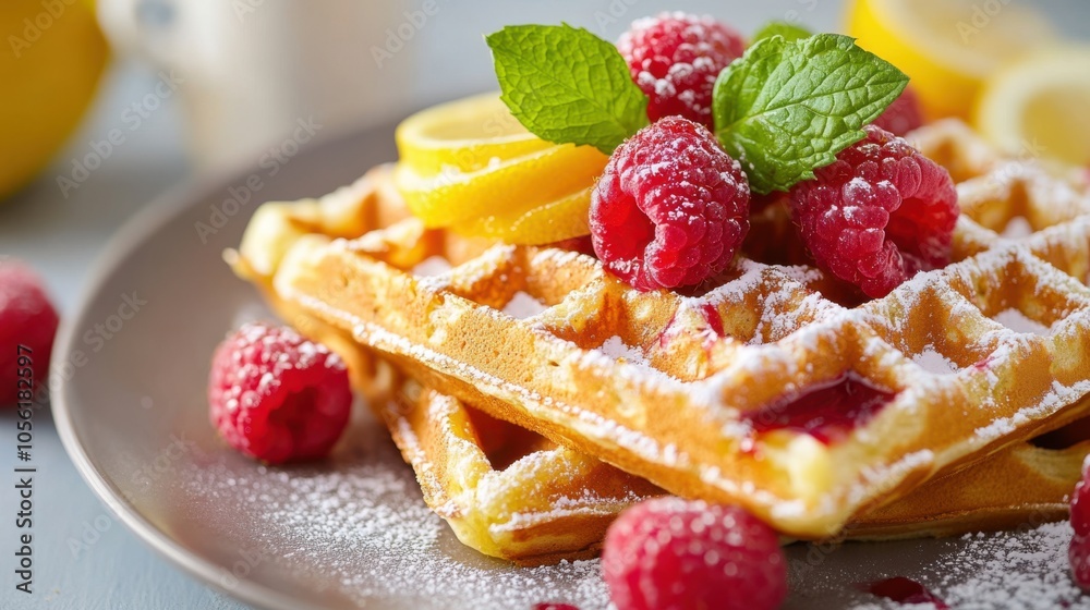 Waffles topped with fresh raspberries, a drizzle of lemon curd Waffles topped with fresh raspberries, a drizzle of lemon curd