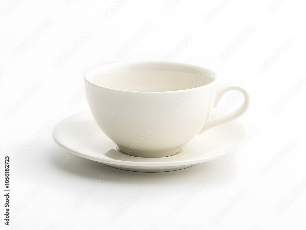 A simple white coffee cup and saucer set against a white background. The cup and saucer are both pristine and clean. A simple white coffee cup and saucer set against a white background. The cup and saucer are both pristine and clean.