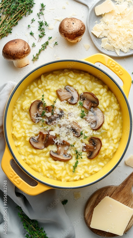 Yellow pot of creamy risotto with mushrooms and Parmesan Yellow pot of creamy risotto with mushrooms and Parmesan