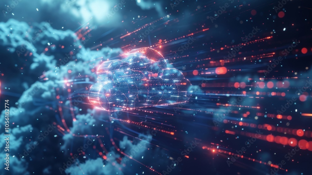Obraz premium Cloud computing technology transferring data through futuristic network of lights and particles forming a cloud shape, symbolizing innovation and the future of digital storage and connectivity