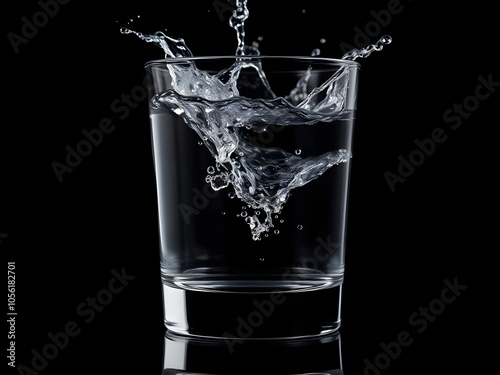 water pouring into glass. isolated black background