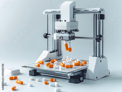 A 3D printer creates orange and white pills, representing the future of personalized medicine.